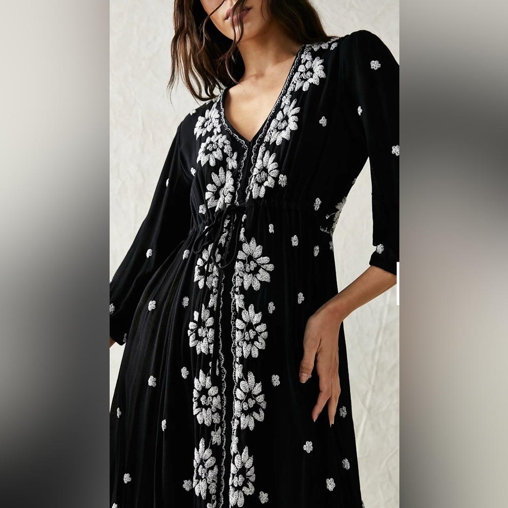 NWT Free People Embroidered Fable Midi Black And White Floral Boho Dress XS $168